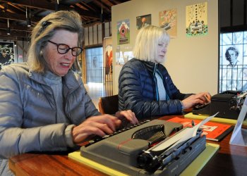 Judy Saner, Kathy Reiss at Tom Hanks Typewriter Exhibit