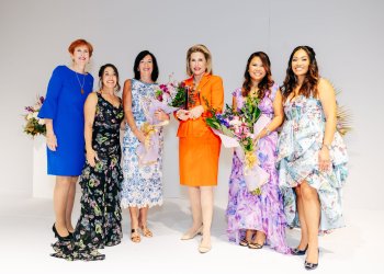 Maureen Mann, Nikki Stelzer, Terry Fedele, Nancy Brinker, Khrisna Kellerman, Meryll Bangsil at Junior League Luncheon