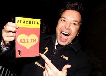 Jimmy Fallon signs autographs as he makes his Broadway debut in the play 