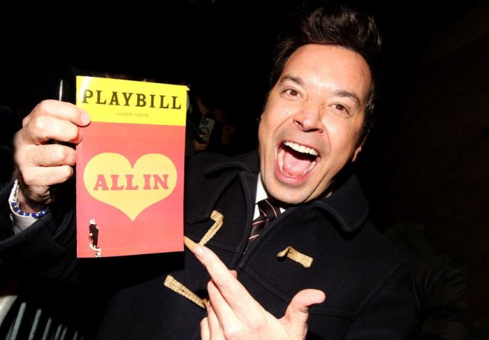 Jimmy Fallon signs autographs as he makes his Broadway debut in the play "All In: Comedy About Love" on Broadway at The Hudson Theatre.