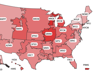 This map provides eGRID subregion average emission rates in pounds per MWh.