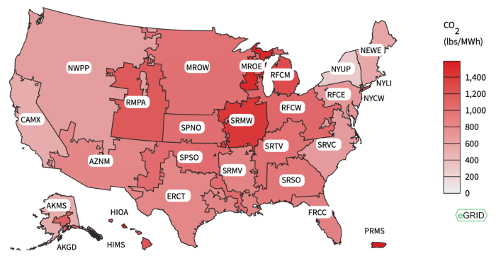 This map provides eGRID subregion average emission rates in pounds per MWh.