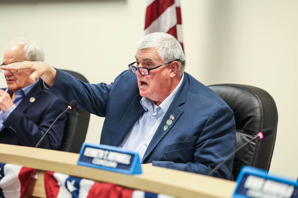 Riverhead Town Supervisor Tim Hubbard during a public hearing focusing on easing zoning restrictions that would allow more pot dispensaries to open in the Town of Riverhead, held at Riverhead Town Hall, February 21, 2024