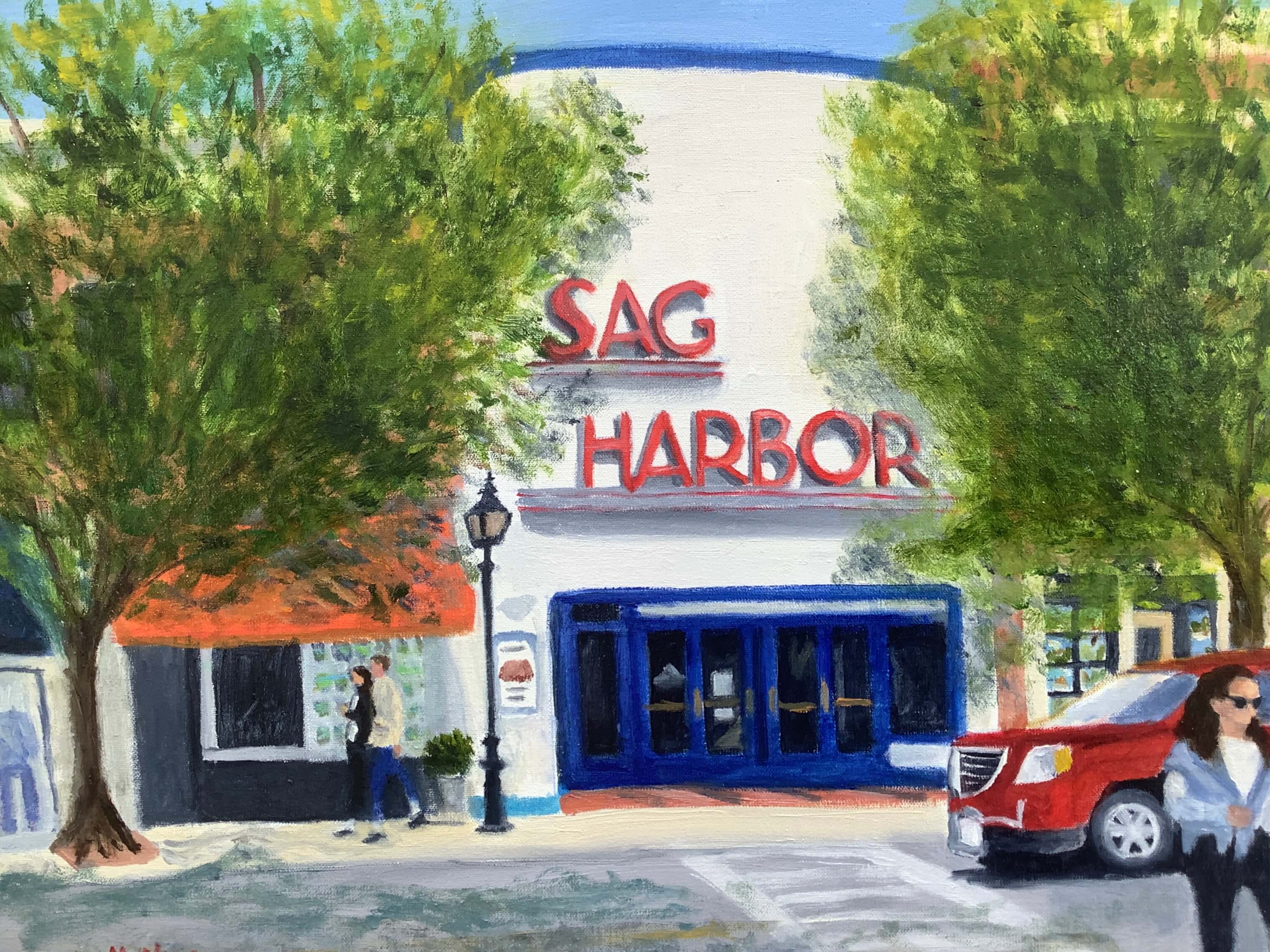 "Morning at the Movies" painting of Sag Harbor Cinema by Melinda Neger