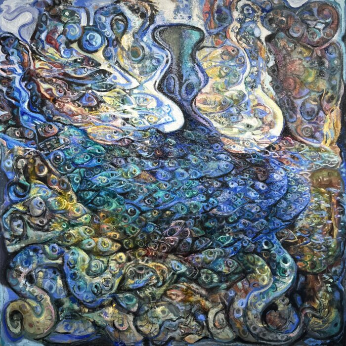 Bruce Lieberman's "Acquiesce Scylla and Charybdis" is about facing adversity. The artist is right-handed, but and he painted this piece with his left hand after a surfing accident.