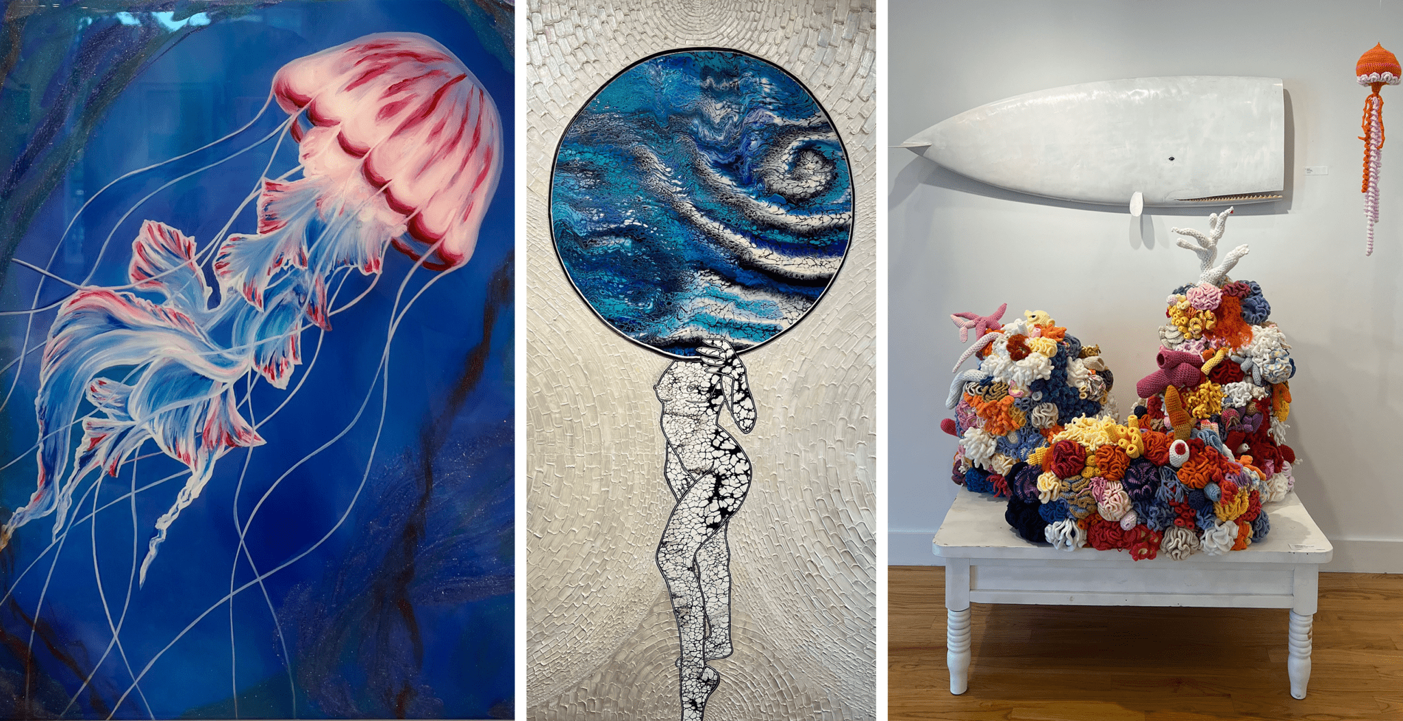 Brianna D'Amato's "Floating Around" (left), Chris Lucore's "Atlas" (middle), Peter Spacek's "Sweet Moby" hanging on the wall above Gianna D’Agostino’s "The Reef That Changed My Mind" (right)